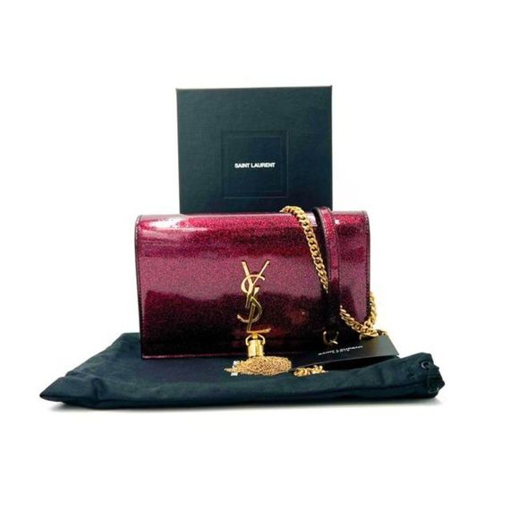 Saint Laurent Monogram Kate Chain Wallet Glitter Tassel Red Patent Leather Shoul - Picture 4 of 12